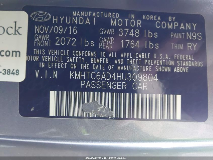 2017 Hyundai Veloster VIN: KMHTC6AD4HU309804 Lot: 43441272