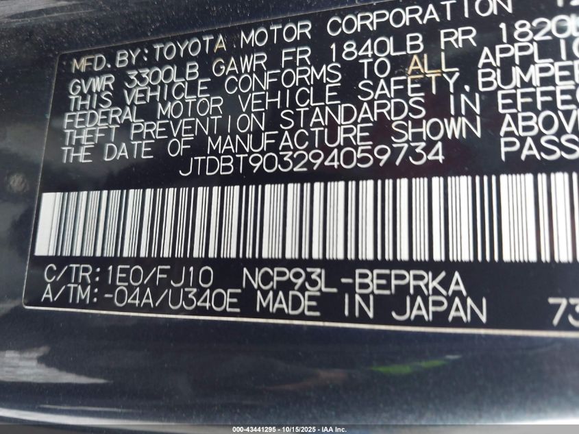 2009 Toyota Yaris VIN: JTDBT903294059734 Lot: 43441295