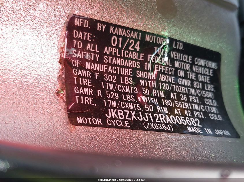 2024 Kawasaki Zx636 K VIN: JKBZXJJ12RA005682 Lot: 43441301