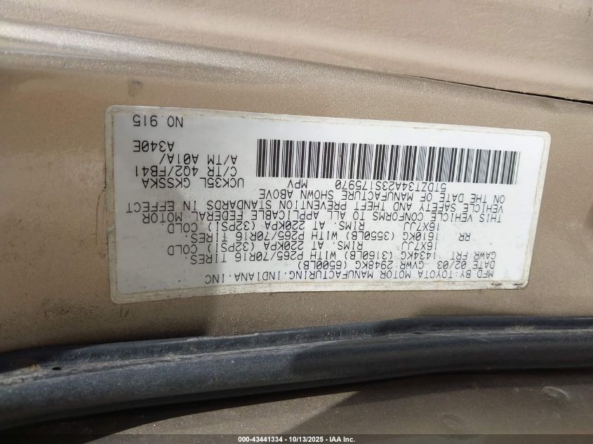 2003 Toyota Sequoia Sr5 V8 VIN: 5TDZT34A23S175970 Lot: 43441334