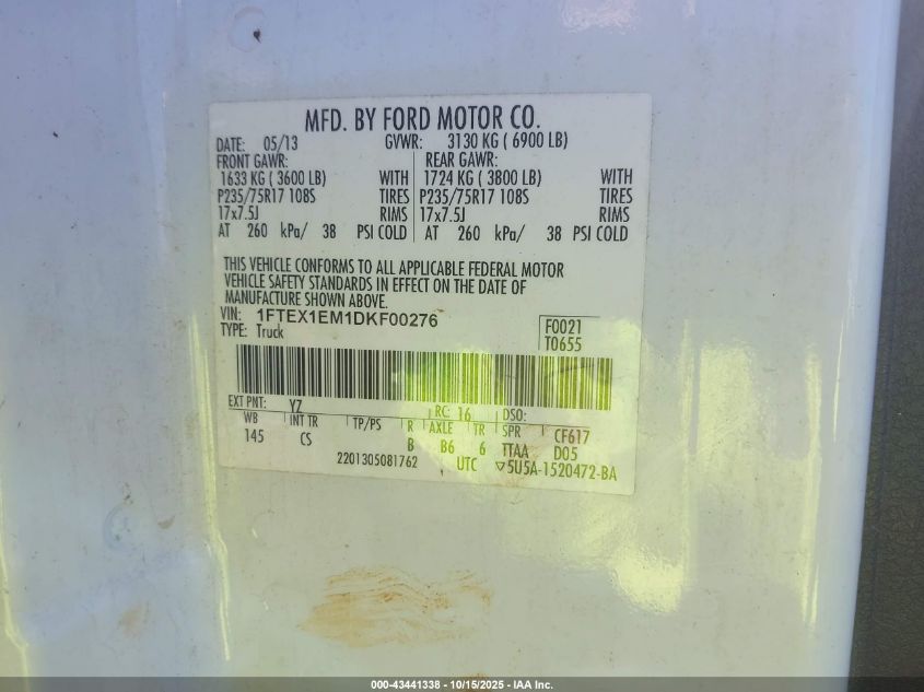 2013 Ford F-150 Stx VIN: 1FTEX1EM1DKF00276 Lot: 43441338