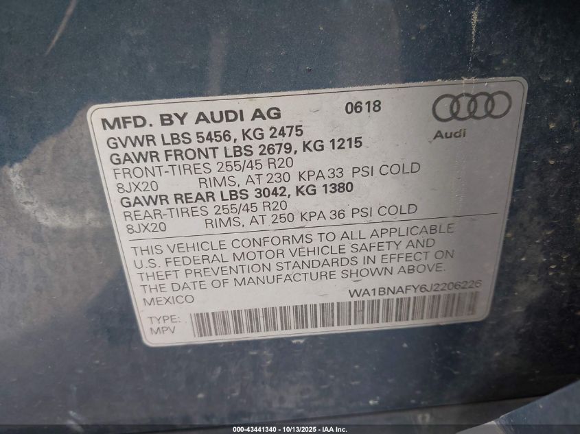 2018 Audi Q5 2.0T Premium/2.0T Tech Premium VIN: WA1BNAFY6J2206226 Lot: 43441340