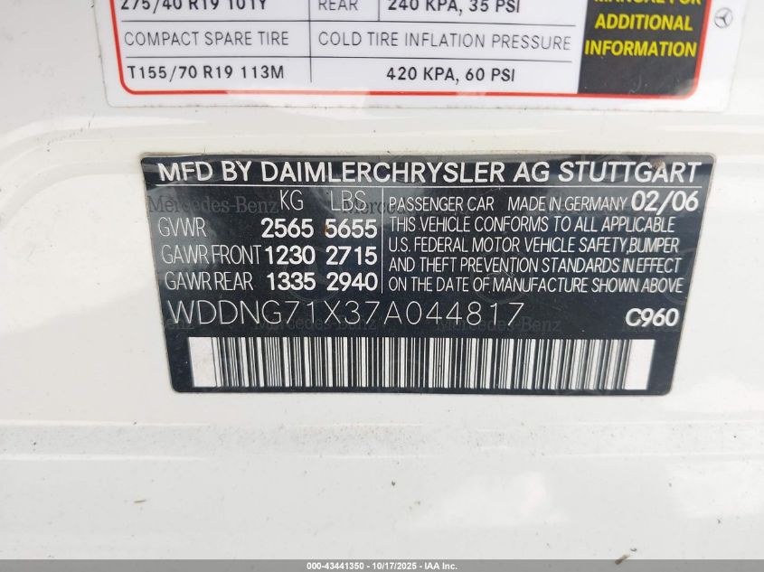 2007 Mercedes-Benz S 550 VIN: WDDNG71X37A044817 Lot: 43441350