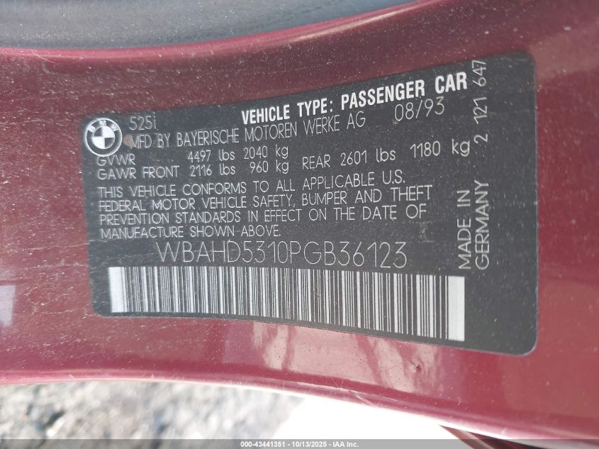 1993 BMW 525 I VIN: WBAHD5310PGB36123 Lot: 43441351