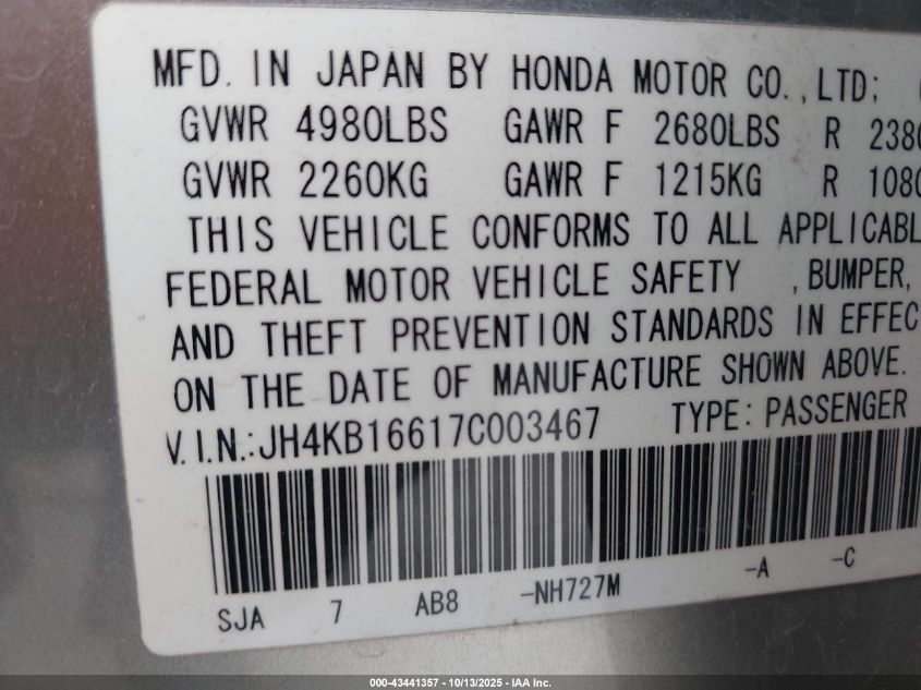 2007 Acura Rl 3.5 VIN: JH4KB16617C003467 Lot: 43441357