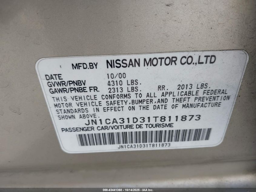 2001 Nissan Maxima Se VIN: JN1CA31D31T811873 Lot: 43441368