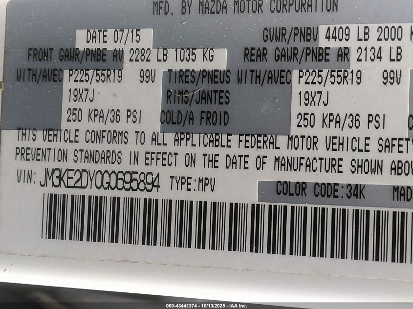 2016 Mazda Cx-5 Grand Touring VIN: JM3KE2DY0G0695894 Lot: 43441374