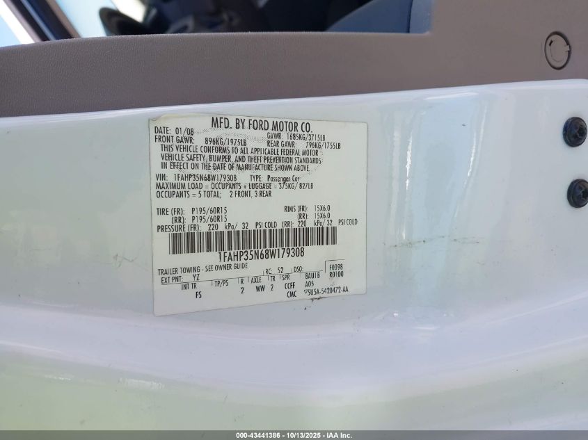 2008 Ford Focus Se/Ses VIN: 1FAHP35N68W179308 Lot: 43441386
