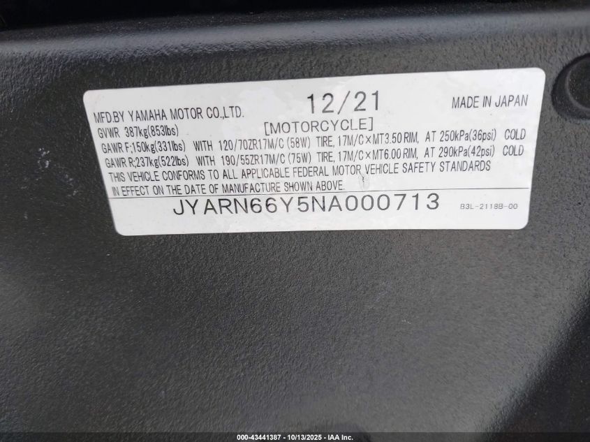 2022 Yamaha Yzfr1 VIN: JYARN66Y5NA000713 Lot: 43441387