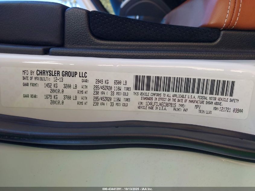 2014 Jeep Grand Cherokee Srt8 VIN: 1C4RJFDJ4EC387815 Lot: 43441391