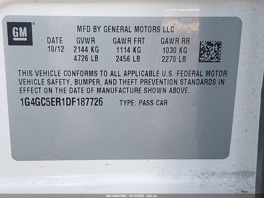 2013 Buick Lacrosse Leather Group VIN: 1G4GC5ER1DF187726 Lot: 43441398