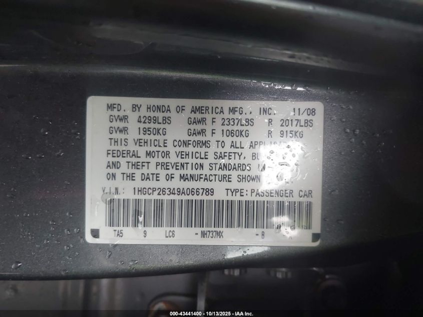 2009 Honda Accord 2.4 Lx VIN: 1HGCP26349A066789 Lot: 43441400