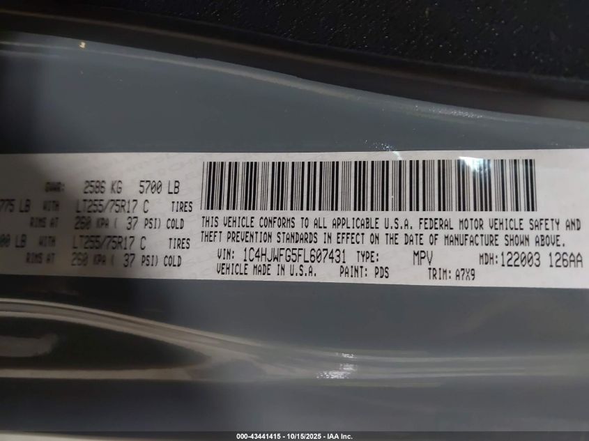 2015 Jeep Wrangler Unlimited Rubicon VIN: 1C4HJWFG5FL607431 Lot: 43441415