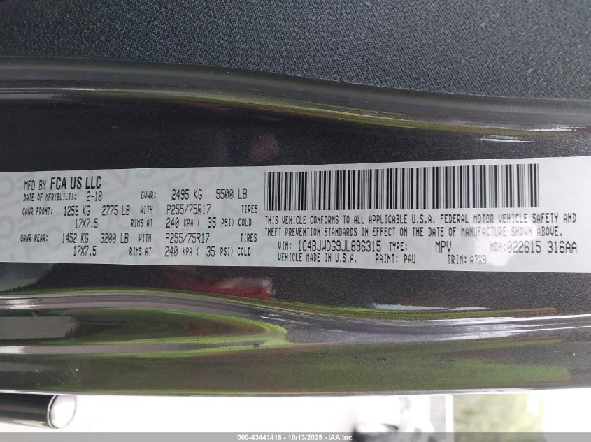 2018 Jeep Wrangler Jk Unlimited Sport S 4X4 VIN: 1C4BJWDG9JL896315 Lot: 43441418