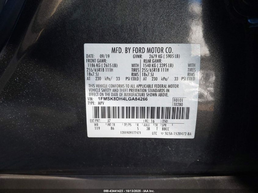 2020 Ford Explorer Xlt VIN: 1FMSK8DH4LGA84266 Lot: 43441423