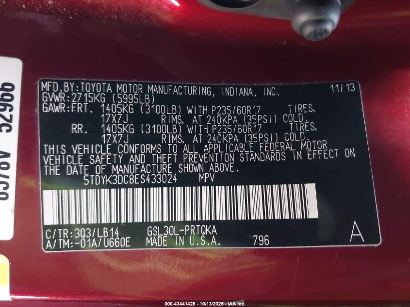 2014 Toyota Sienna Xle V6 8 Passenger VIN: 5TDYK3DC8ES433024 Lot: 43441428