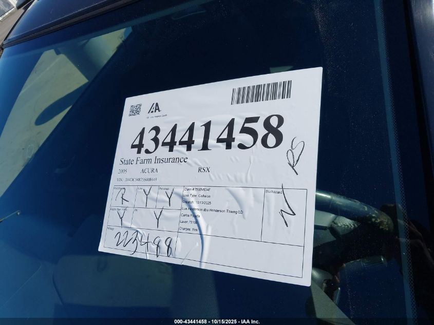 2005 Acura Rsx VIN: JH4DC54875S008449 Lot: 43441458