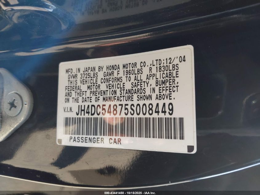 2005 Acura Rsx VIN: JH4DC54875S008449 Lot: 43441458