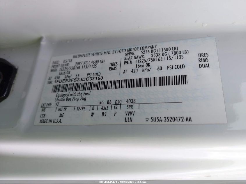 2018 Ford E-350 Cutaway VIN: 1FDEE3FS2JDC33160 Lot: 43441471