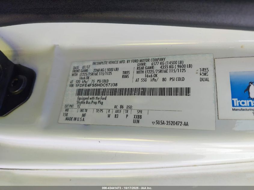 2017 Ford E-450 Cutaway VIN: 1FDFE4FS5HDC67338 Lot: 43441473