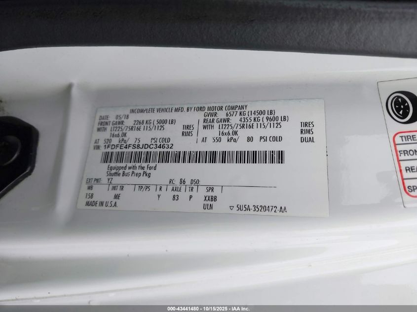 2018 Ford E-450 Cutaway VIN: 1FDFE4FS8JDC34632 Lot: 43441480