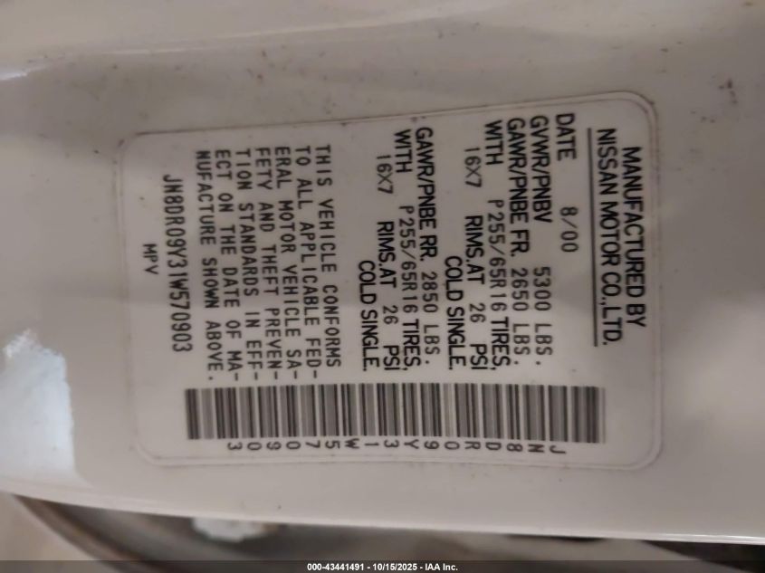 2001 Nissan Pathfinder Se VIN: JN8DR09Y31W570903 Lot: 43441491