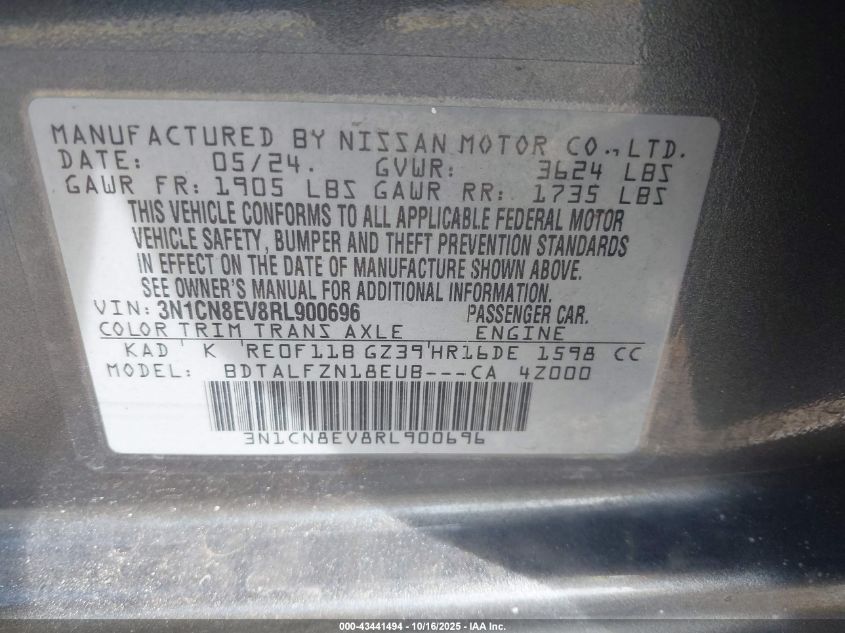 2024 Nissan Versa 1.6 Sv VIN: 3N1CN8EV8RL900696 Lot: 43441494