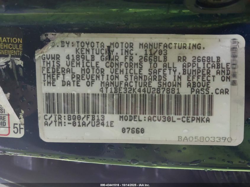 2004 Toyota Camry Le VIN: 4T1BE32K44U287881 Lot: 43441516