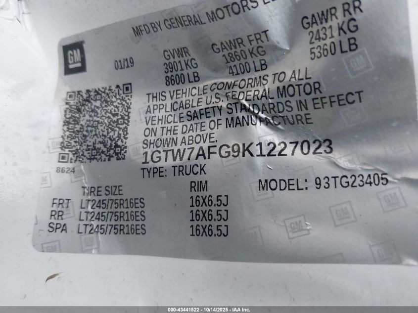 2019 GMC Savana 2500 Work Van VIN: 1GTW7AFG9K1227023 Lot: 43441522