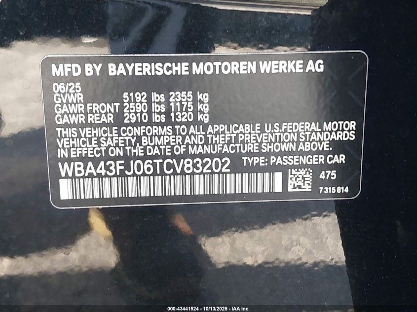 2026 BMW 530I VIN: WBA43FJ06TCV83202 Lot: 43441524