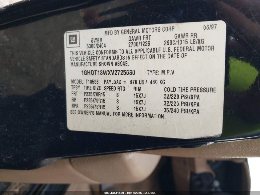 1997 Oldsmobile Bravada VIN: 1GHDT13WXV2725030 Lot: 43441529