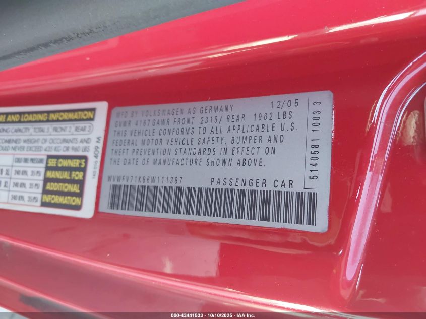 2006 Volkswagen Gti 2-Door VIN: WVWFV71K86W111387 Lot: 43441533