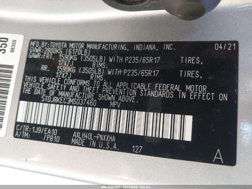 2021 Toyota Sienna Xle VIN: 5TDJRKEC3MS037460 Lot: 43441553