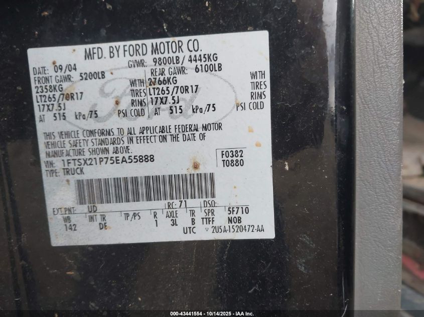 2005 Ford F-250 Lariat/Xl/Xlt VIN: 1FTSX21P75EA55888 Lot: 43441554
