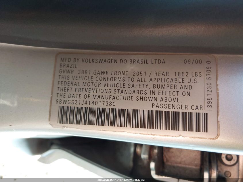 2001 Volkswagen Golf Gls VIN: 9BWGS21J414017380 Lot: 43441587