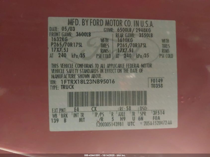 2003 Ford F-150 Lariat/Xl/Xlt VIN: 1FTRX18L23NB95016 Lot: 43441591