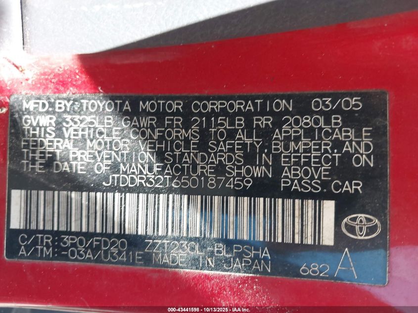 2005 Toyota Celica Gt VIN: JTDDR32T650187459 Lot: 43441598