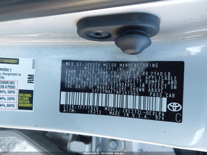 2022 Toyota Corolla Le VIN: 5YFEPMAE7NP347065 Lot: 43441612