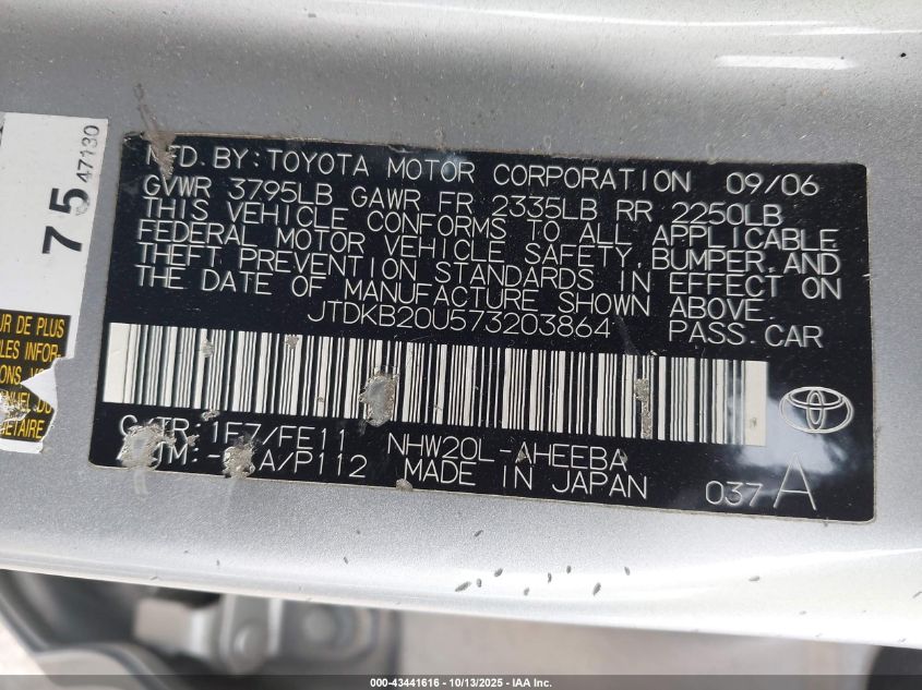 2007 Toyota Prius VIN: JTDKB20U573203864 Lot: 43441616