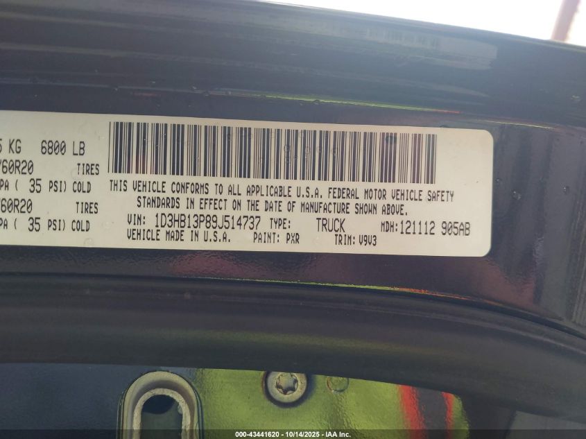 2009 Dodge Ram 1500 Slt/Sport/Trx VIN: 1D3HB13P89J514737 Lot: 43441620