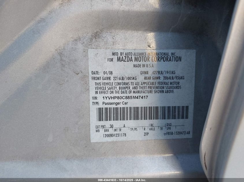2008 Mazda Mazda6 I Sport Ve VIN: 1YVHP80C885M47417 Lot: 43441633