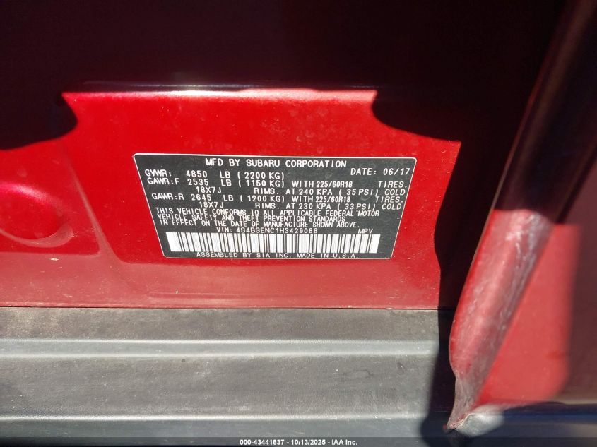 2017 Subaru Outback 3.6R Limited VIN: 4S4BSENC1H3429088 Lot: 43441637