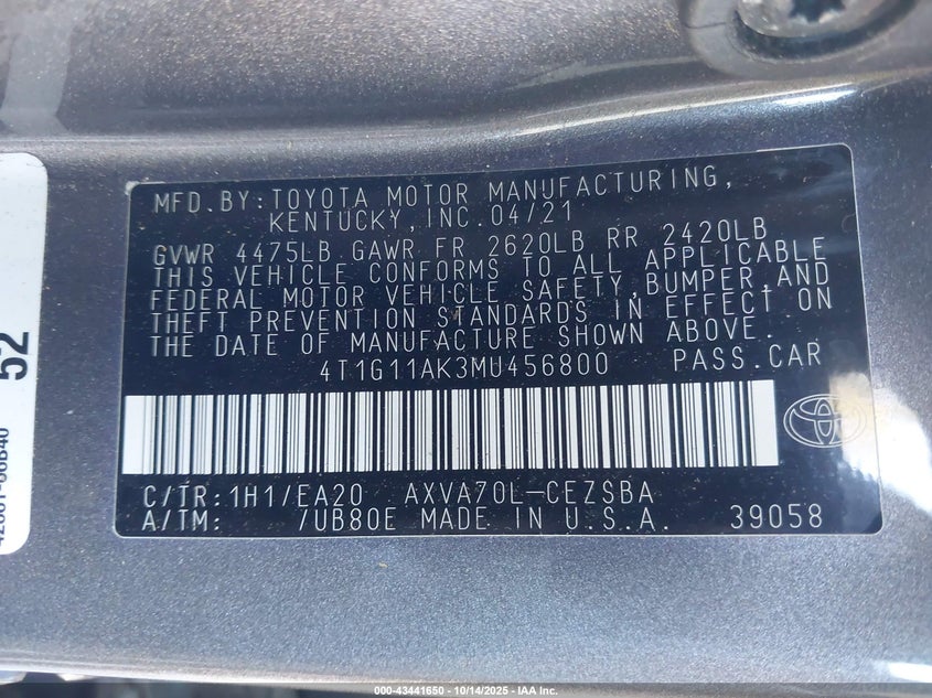 4T1G11AK3MU456800 2021 TOYOTA CAMRY photo no. 9