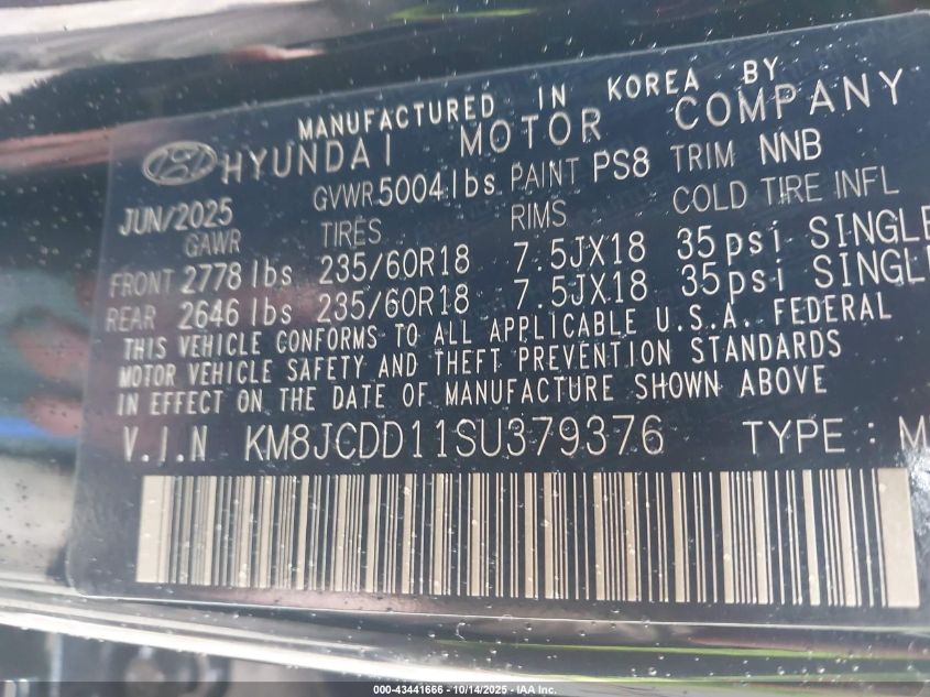 2025 Hyundai Tucson Hybrid Sel Convenience VIN: KM8JCDD11SU379376 Lot: 43441666