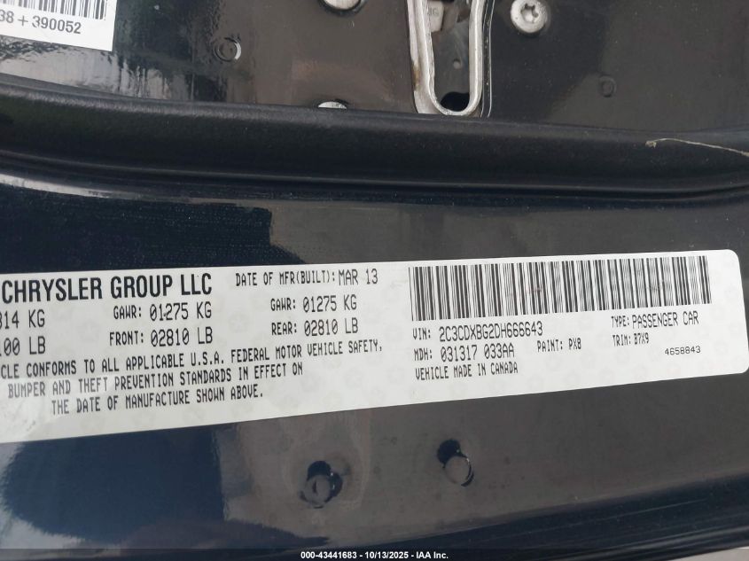 2013 Dodge Charger Se VIN: 2C3CDXBG2DH666643 Lot: 43441683