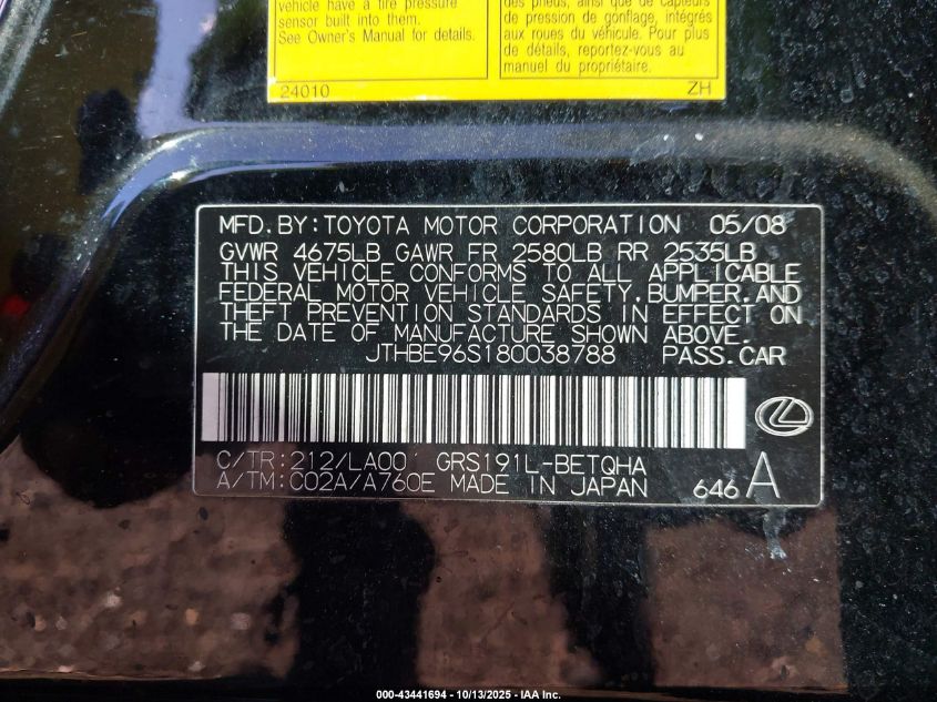 2008 Lexus Gs 350 VIN: JTHBE96S180038788 Lot: 43441694