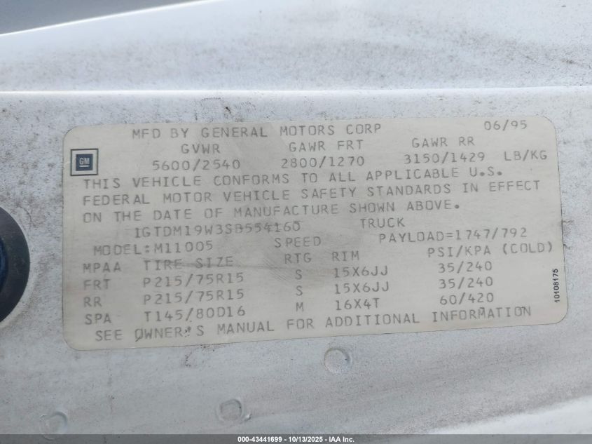 1995 GMC Safari Xt VIN: 1GTDM19W3SB554160 Lot: 43441699