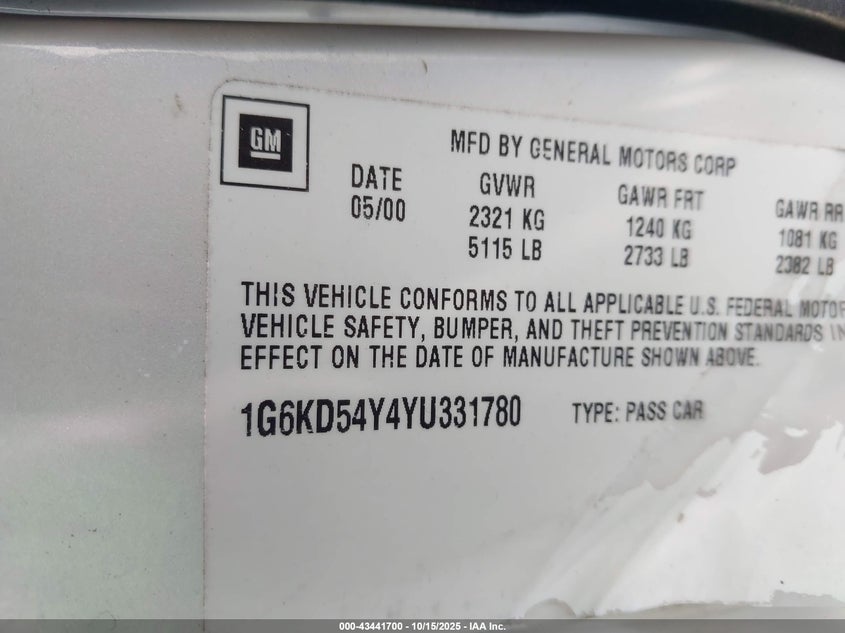 1G6KD54Y4YU331780 2000 CADILLAC DE VILLE photo no. 9