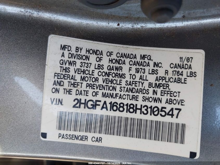 2008 Honda Civic Ex VIN: 2HGFA16818H310547 Lot: 43441727