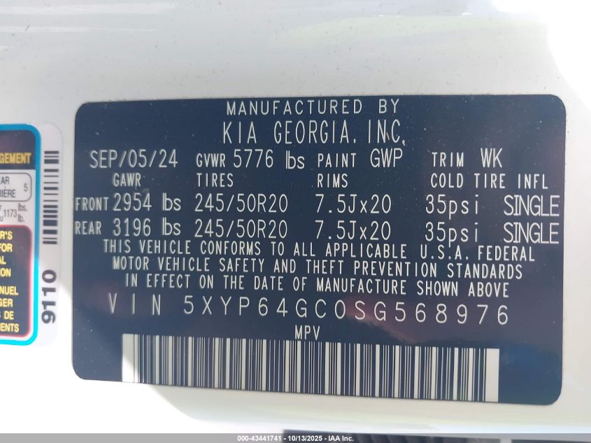 2025 Kia Telluride S VIN: 5XYP64GC0SG568976 Lot: 43441741